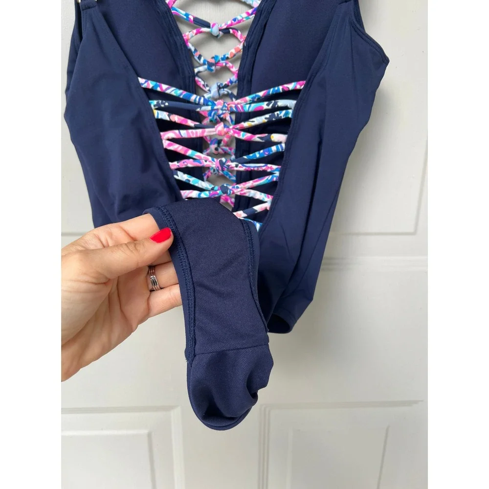 Lilly Pulitzer Isle Lattice One-Piece Swimsuit 6 Navy Blue Lace Up Cruise Sexy